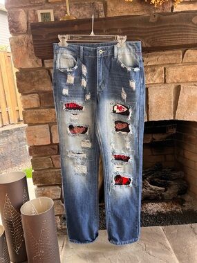 Women’s Kansas City Chiefs Patches Distressed Blue Denim Jeans 8